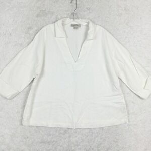 Charlie Paige Womens Top Linen Blend White V Neck Collared 3/4 Sleeve L